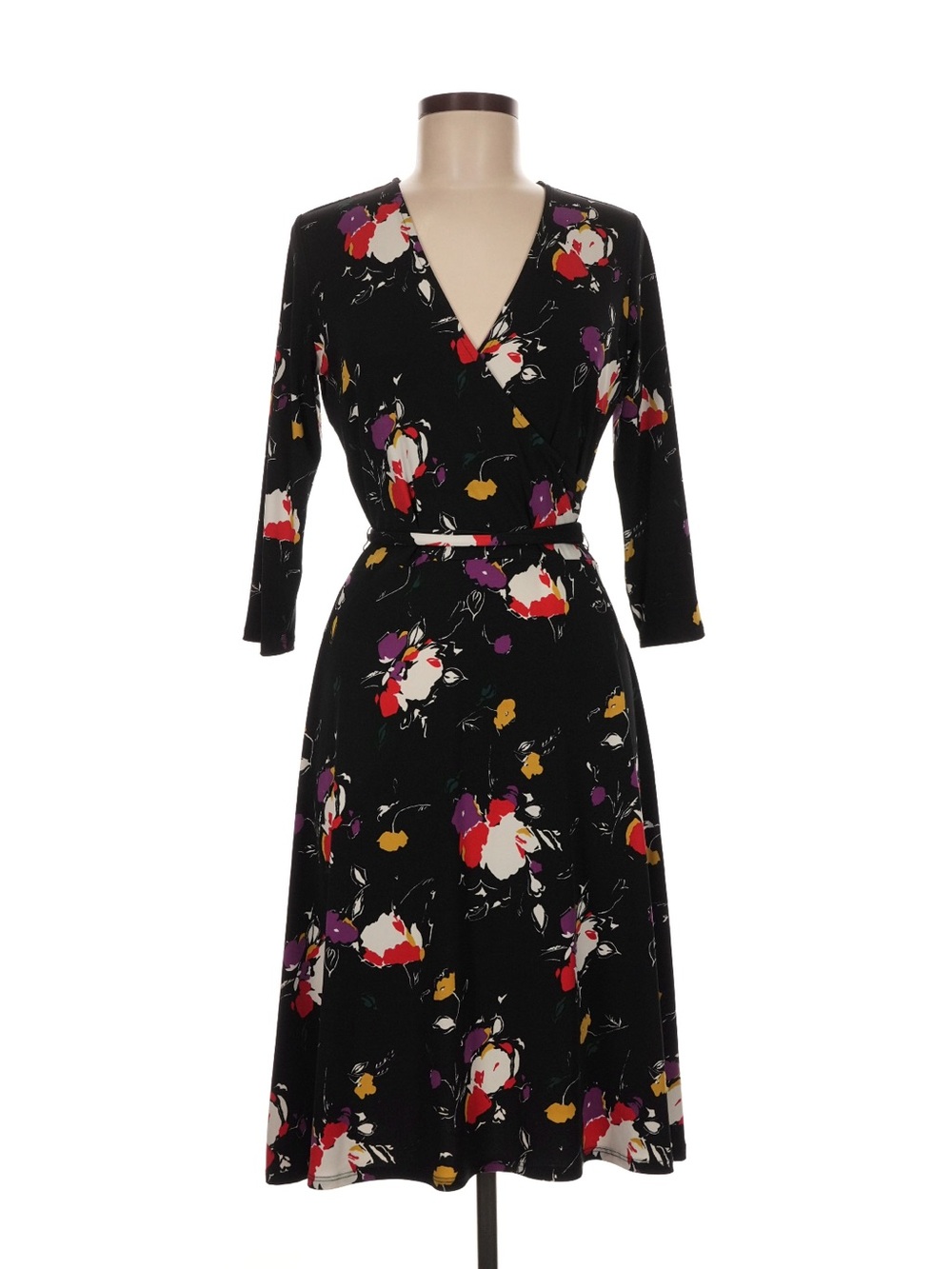 Leota Black Floral Faux Wrap Midi Dress